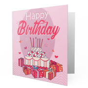 Happy Birthday Presents & Cake with Caddles - Pink - Greetings Cards