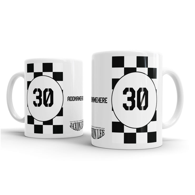Jaxon Lee - Chequered Flag Racing Stripe Design for Motorsport Racing fans – Birthday Gift Mug
