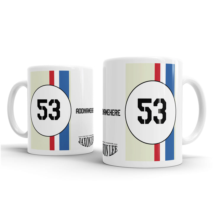 Jaxon Lee - Herbie Inspired Racing Stripe Design for Motorsport Racing fans – Birthday Gift Mug